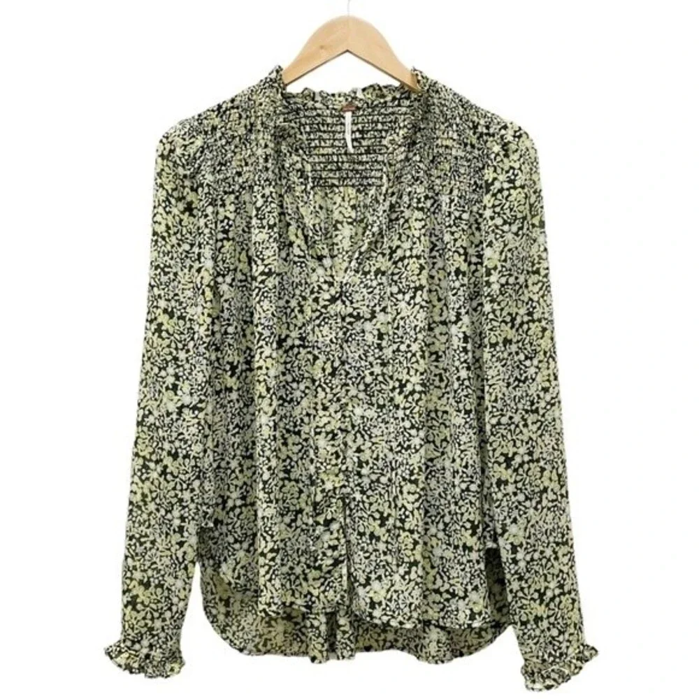 Free People Lela Blouse Floral Black & Green Flowy Boho Tie Neck Top Size Medium